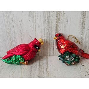 Glass Cardinal bird ornament Xmas tree set lot acorns tree
